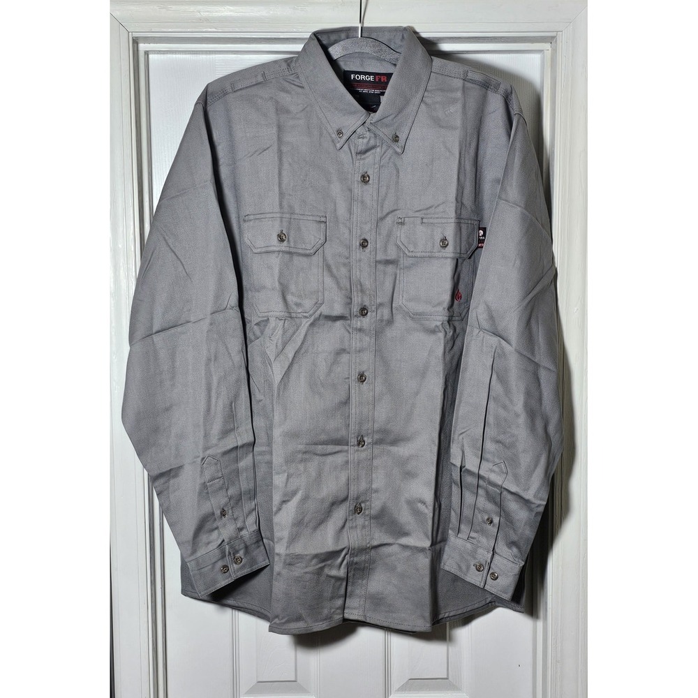 Forge Workwear Men's FR Long Sleeve Button-Down Work Shirt Size XL Light Gray